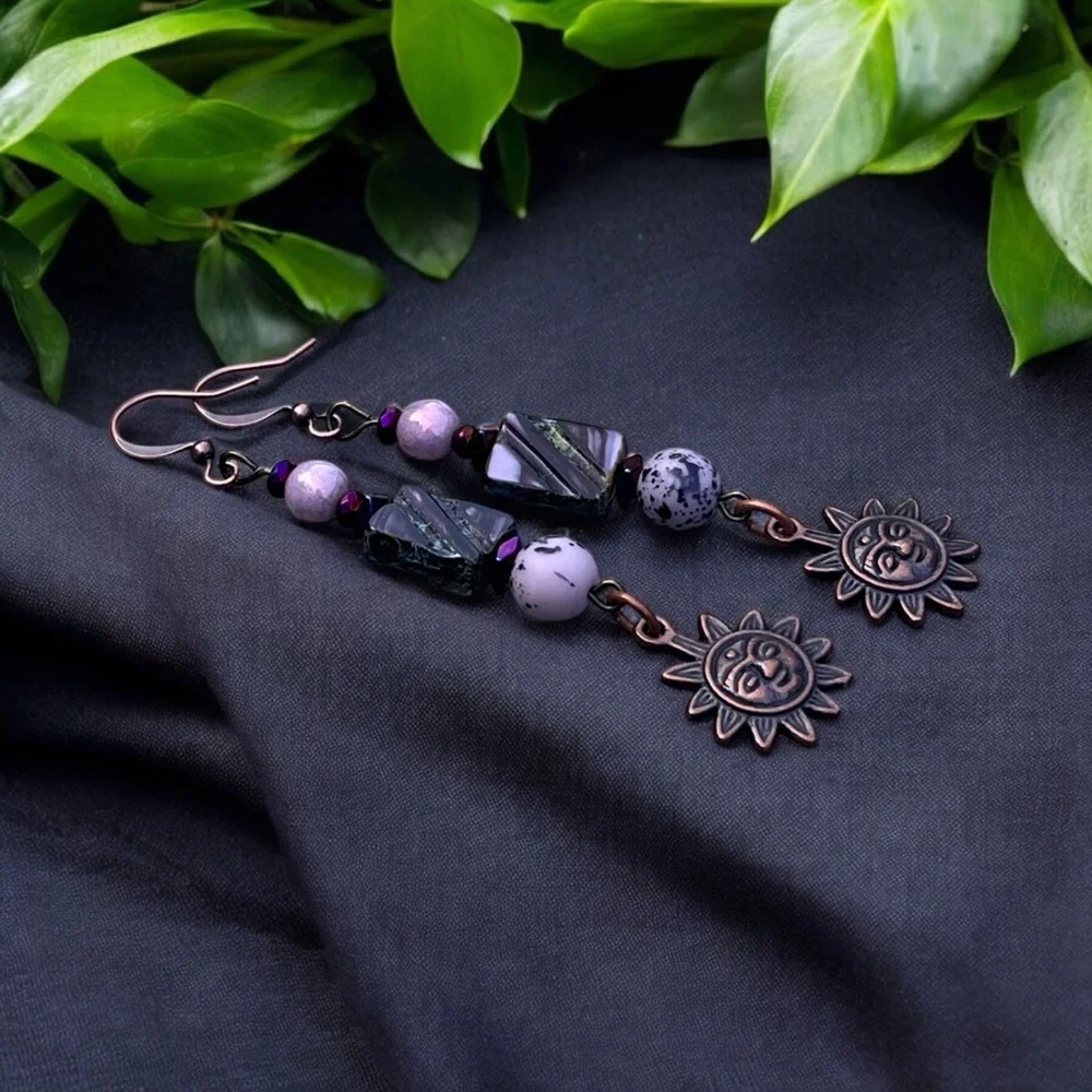 Handcrafted Sun Charm Dangle Earrings in Purple and Copper - Picture 13 of 13
